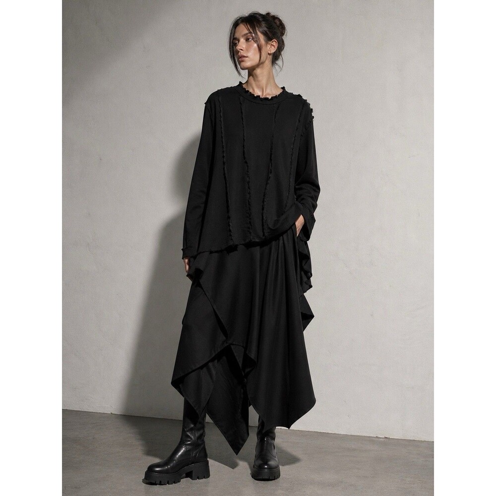 Dress to Kill avant-garde Exposed Seams Long Sleeve Blouse Black Lagenlook OS